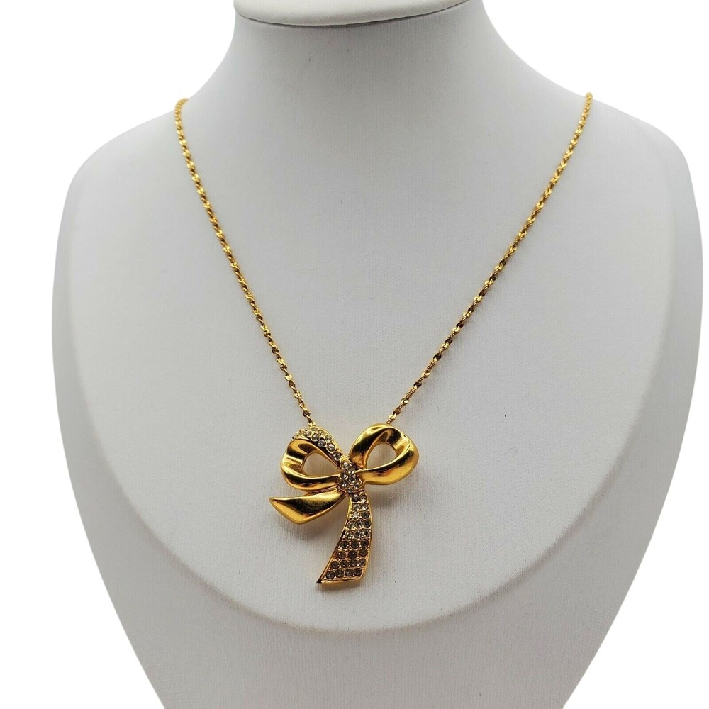 Ribbon Bow Pendant Necklace Gold‎ Tone Crystal Rhinestone 17.5" Coquette Vintage